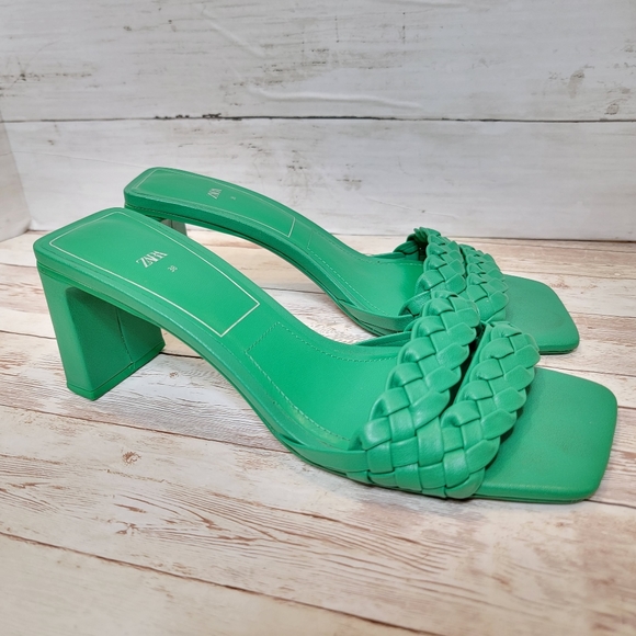 Zara Shoes - Zara green square toe braided leather heels